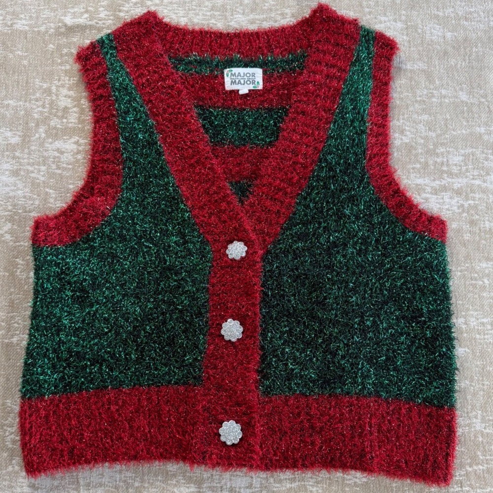 Shimmery Christmas Sweater Vest Womens Small Red Green Festive Metallic